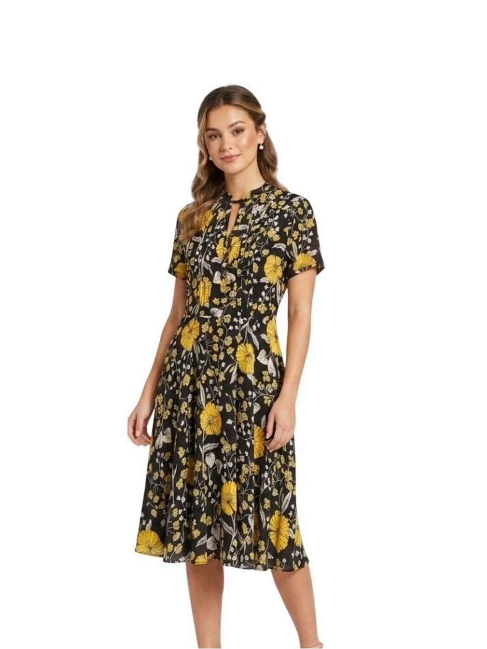 Nanette Lepore Black & Yellow Floral Fit & Flare Tie-Waist Shirt Dress Size 12